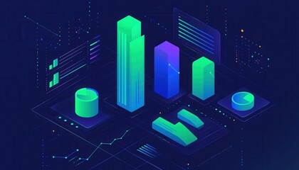 Poster - Isometric Pixelated Data Chart with Green and Blue Tones Showing Financial Statistics Analysis and Business Growth in a Modern Digital Abstract Design with a Geometric Pattern