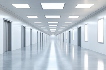 Aufkleber - Long White Hallway with Recessed Lighting in a Modern Building Interior Featuring Clean Lines Reflective Flooring and Elevator Doors Underneath Overhead Square Lighting Fixtures