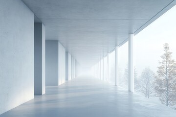 Aufkleber - Long White Concrete Hallway with Symmetrical Columns and View of Foggy Trees in Minimalist Architectural Design