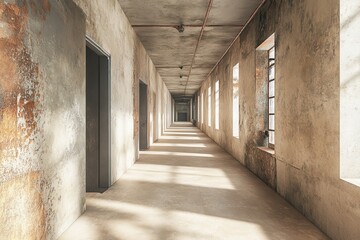 Aufkleber - Long Empty Concrete Corridor with Sunlight and Old Doors in a Building Interior Featuring Industrial Architecture and a Perspective View with No People Inside