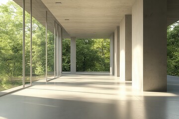 Aufkleber - Minimalist Concrete Architecture with Sunlight and Green Forest View Featuring Clean Lines and Geometric Design in Daylight and Shadow Creating a Modern Open Space