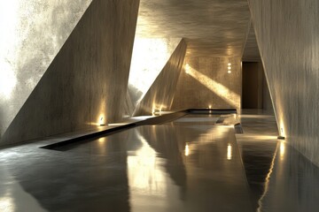 Aufkleber - Modern Concrete Interior With Sharp Geometric Architecture and Reflections Hallway Featuring Light Streaks and Dramatic Shadows