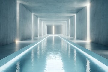 Aufkleber - Modern Geometric Hallway with Reflective Pool Surface and Concrete Walls in Illuminated Interior Design
