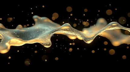 Poster - Golden Liquid Wave Abstract Art: A Digital Rendering of Flowing, Luminous Fluid with Suspended Droplets Against a Dark Background
