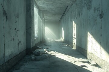 Fototapete - Sunlit Abandoned Concrete Hallway with Distressed Walls and Debris Covered Floor Architectural Exploration Featuring Decaying Grunge Aesthetic and Mysterious Light Beams