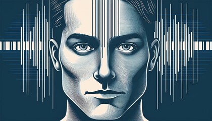 Abstract illustration of a man's face with a barcode and fingerprint symbolizing identification
