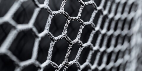 A close-up of a soccer net with a bold black and white background, captured through macro photography