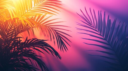 Poster - Lush palm fronds frame a captivating background where warm oranges and deep purples merge, evoking a tranquil evening atmosphere filled with vibrant energy