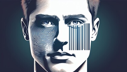 Abstract illustration of a man's face with a barcode and fingerprint symbolizing identification