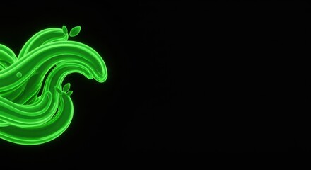 Poster - Abstract Green Flowing Liquid Neon Waves Design with Leaves,  Nature Inspired Digital Art Background