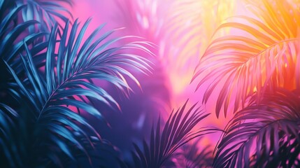 Aufkleber - Lush palm leaves dance in the warm glow of a vibrant sunset, painting the surroundings with rich hues of pink and purple. Nature breathes a magical ambiance, inviting exploration