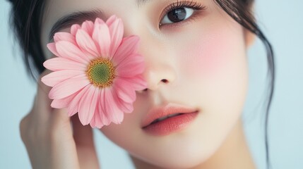 Aufkleber - A young woman gently holds a vibrant pink flower close to her face, creating a harmonious connection between her natural beauty and the essence of spring. Soft lighting enhances the overall charm