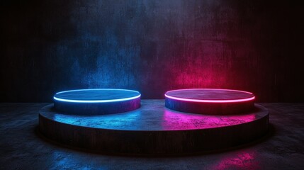 Poster - Neon Glow: Abstract Cyberpunk Stage Design with Illuminated Platforms
