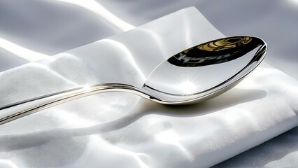 Poster - a shiny spoon rests on a folded white cloth, reflecting light and creating a vibrant sheen. concept 
