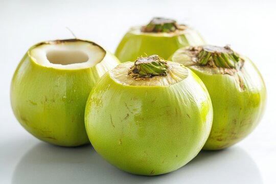 4 Green delicious coconuts isolated on white background