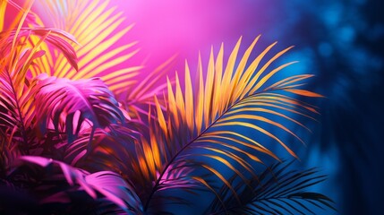Poster - Illuminated by radiant lights, lush tropical leaves create a captivating display in a mystical environment. The blend of colors adds a whimsical touch to the serene ambiance