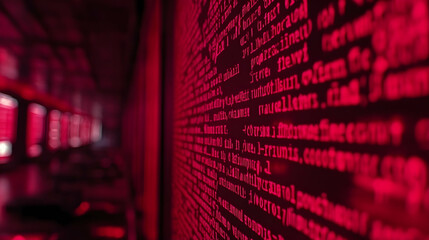 Red code displayed on wall, server room background, technology concept