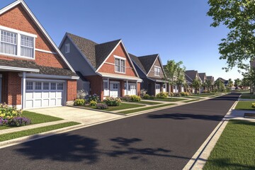 a picturesque row of charming brick homes basking in the warm afternoon sun, showcasing a peaceful s