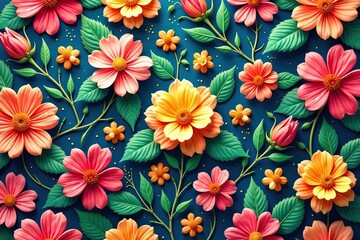 Wall Mural - intricate floral pattern, vibrant blooms and leaves seamlessly repeating , digital, leaves, vine