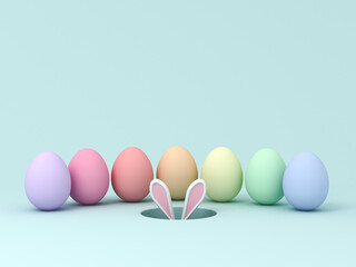 Aufkleber - Rabbit or bunny hiding in the hole surrounded by colorful Easter eggs on light blue green pastel color background with shadows and blank space above minimal easter day concept 3D rendering