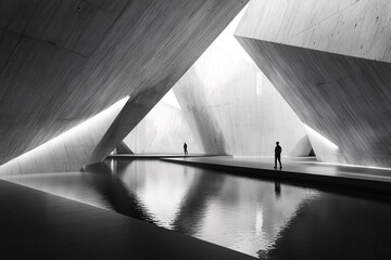 Poster - Abstract Architectural Interior with Water Reflection Geometric Forms and Minimalist Design in Monochrome Tones Featuring Natural Daylight and Concrete Texture with Figures Standing