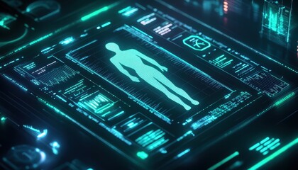 Poster - Detailed Hologram of Human Body in a Futuristic Medical Scan with Glowing Blue and Green Neon Light on a Dark Abstract Background Diagnostic Display and Electronic Circuit Board