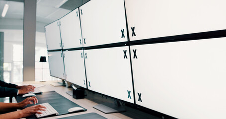 Poster - People, hands or space on computer in control room for trading, finance or stock market prices in office. Analysis, tracking markers or traders on monitor with closeup of screen, mockup or technology