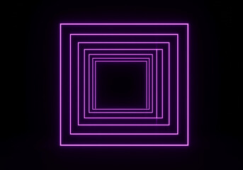 Poster - Neon squares tunnel with purple neon lights on black background. Geometric graphic design with glowing neon squares