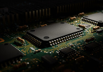 Poster - Circuit board with electronic components featuring integrated circuits and resistors for modern technology applications in electronics industry
