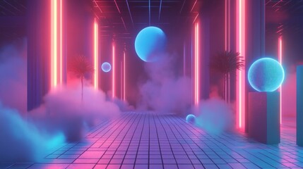 Fototapete - Neon Corridor with Abstract Forms