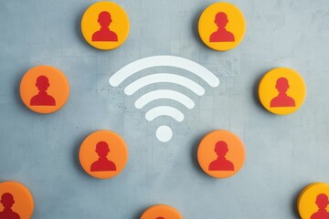 Poster - A graphic illustration featuring user icons in orange circles surrounding a central Wi-Fi symbol on a textured gray background.