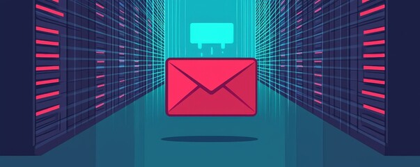 Poster - A stylized digital illustration of an envelope with a message symbol, set between rows of servers, representing digital communication and data transfer.