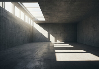 Poster - Modern concrete room interior with sunlight and skylight creates a minimalist architectural space featuring a raw concrete texture and bright light