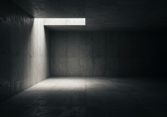 Poster - Minimalist concrete room features a skylight illuminating the interior space creating a stark contrast between light and shadow emphasizing the raw texture of the concrete walls and floor