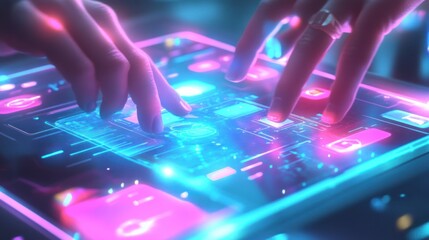 Fototapete - Hands interacting with futuristic tablet interface