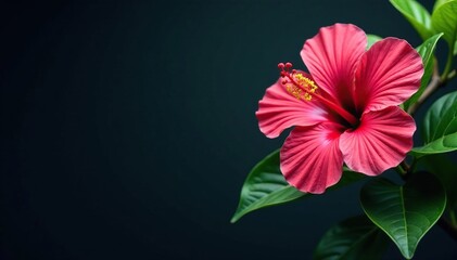 Wall Mural - bold hibiscus blooms, vibrant tropical foliage, dark background, pattern, green