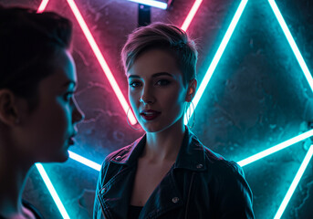 Poster - Woman portrait with short hair in leather jacket posing near neon lights. Fashionable woman with hoop earrings looking at camera in studio with neon light