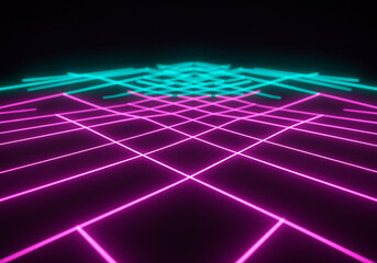 Poster - Neon Grid with Geometric Lines in Abstract Pattern of Pink and Cyan glowing on Dark Background creating a futuristic design