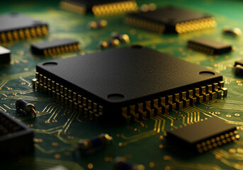 Poster - Macro shot of a microchip on a circuit board showcases intricate details and golden connections with multiple microchips around