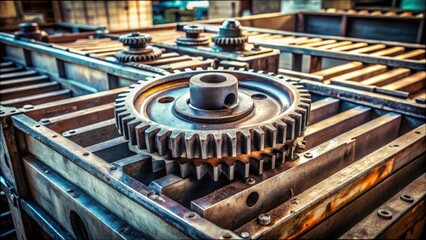 Poster - Close-Up of Industrial Gear Mechanism Resting on Metal Crate