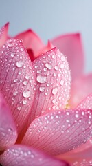 Fototapete - Lush pink lotus petals capture raindrops, creating a stunning display of nature's beauty. The soft hues and gentle drops evoke serenity in a peaceful garden atmosphere