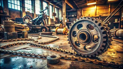 Poster - Gears and Chains on Workshop Floor with Tools and Machinery