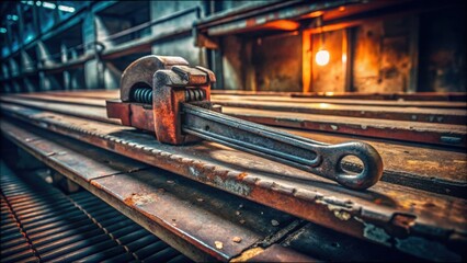 Poster - Worn Metal Pipe Wrench on Rustic Bench in Industrial Setting