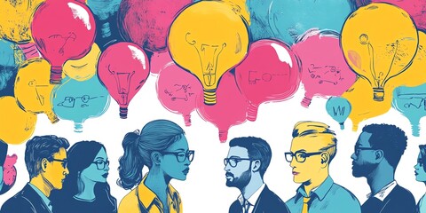 Poster - Diverse Group of Individuals Engaged in a Brainstorming Session Surrounded by Colorful Light Bulb Graphics