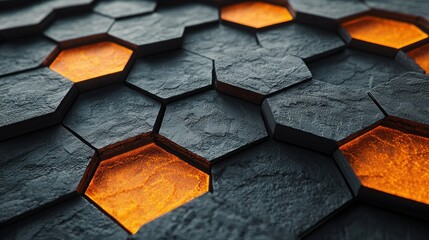Poster - Abstract Hexagonal Stone Pattern with Glowing Orange Accents: A 3D Render of Modern Geometric Design