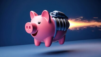 Poster - Pink piggy bank with jet engine flying through the air, representing financial growth, innovation, and savings in a playful and vibrant manner