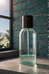 Poster - water spray bottle on a stone counter near a window with sunlight illuminating the interior space du
