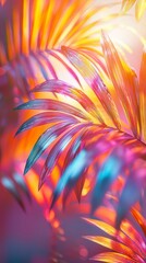 Poster - Vibrant hues of orange, pink, and blue blend as sunlight filters through palm leaves, casting a magical glow. The tropical ambiance evokes serenity and warmth during dusk