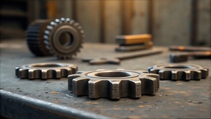 Poster - Scattered Mechanical Parts on Metal Surface in Workshop Setting