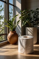 Poster - simple home decor featuring plants and a roll of paper on a sunny windowsill in a modern interior sp